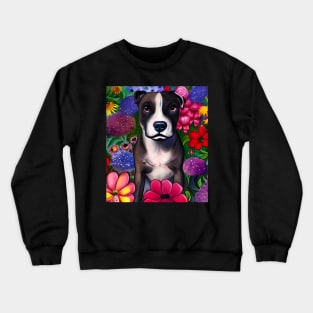 Pitbull Mix Dog Puppy Whimsical Portrait Hiding in Wildflowers Secret Garden Digital Art Watercolor Painting Crewneck Sweatshirt